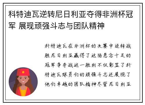 科特迪瓦逆转尼日利亚夺得非洲杯冠军 展现顽强斗志与团队精神